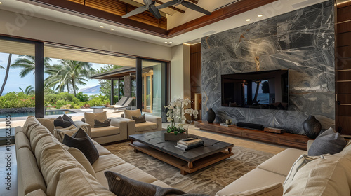 Living room with a marble TV wall, wood accents, and plush seating, providing a high-end, comfortable setting. home interior  photo