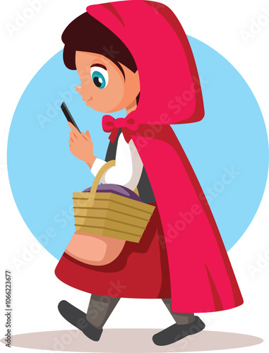  Little Red Riding Hood Texting and Walking Vector Cartoon. Child being absorbed by social media not looking where she is going 
