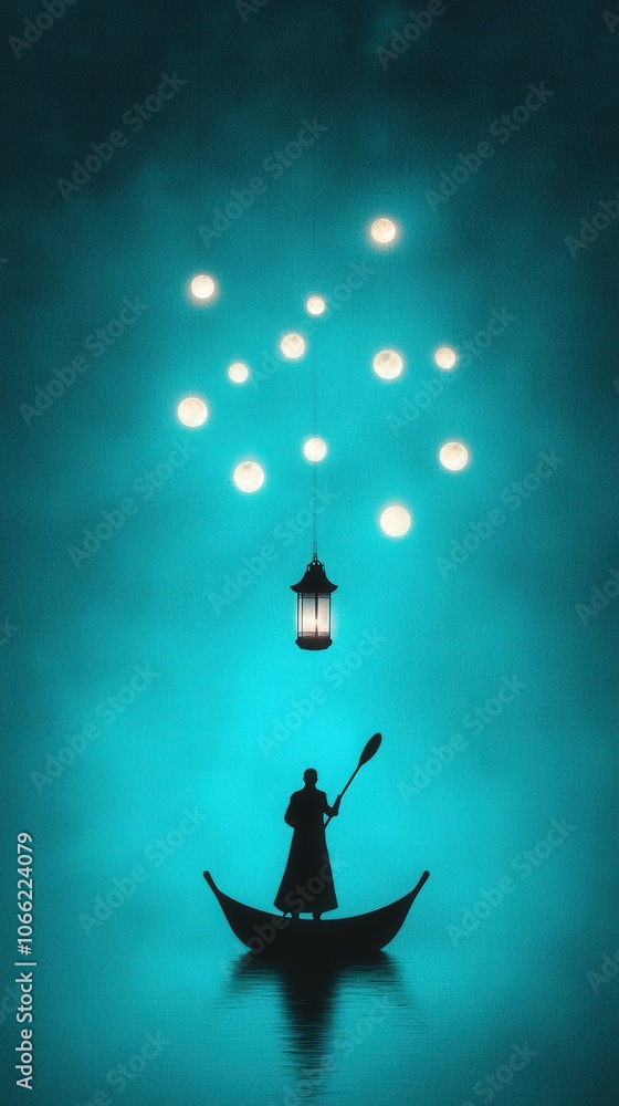 Silhouette of Man Rowing Boat Under Glowing Moons in Night Sky Silhouette of Man Rowing Boat Under Glowing Moons in Night Sky