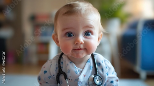 Adorable baby doctor smiling with stethoscope captures hearts in upscale photo photo