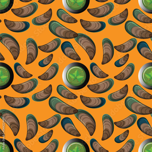 Seamless Seafood Pattern with Mussels