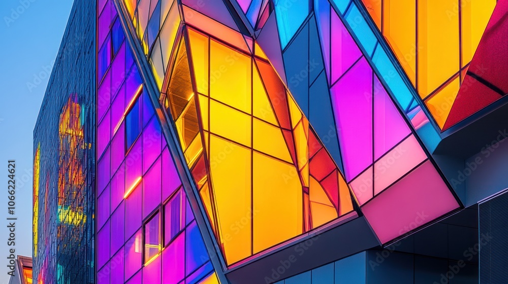 A Modern Building's Facade with Geometric Glass Panels in Vibrant Colors A Modern Building's Facade with Geometric Glass Panels in Vibrant Colors