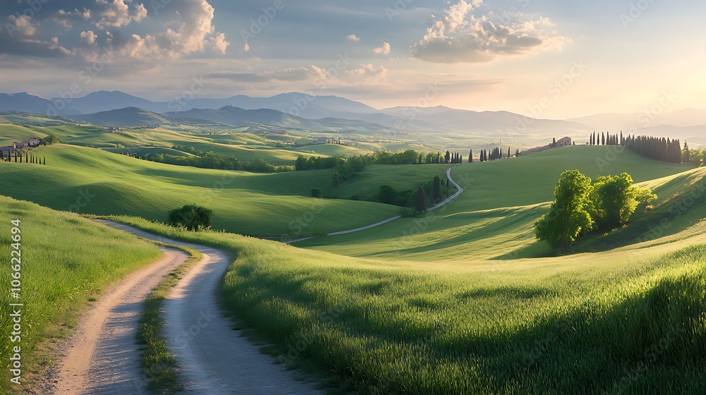 Fototapeta premium Winding Dirt Road Through Rolling Green Hills at Sunset