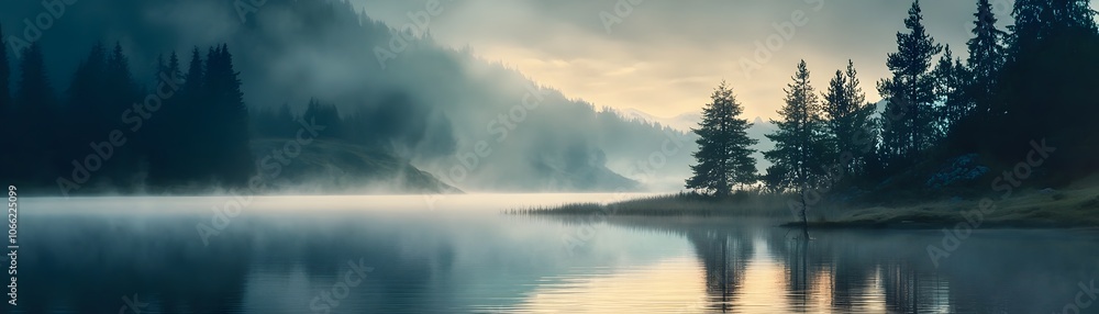 Misty Morning on a Serene Lake Surrounded by Trees Misty Morning on a Serene Lake Surrounded by Trees