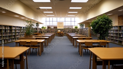 Quiet Library with Desks and Bookshelves