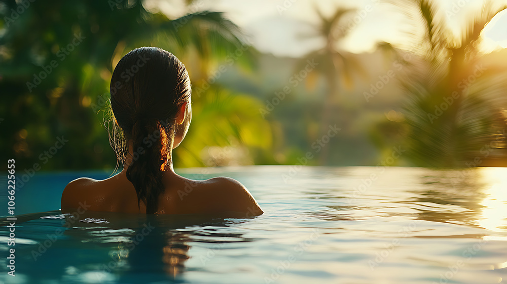 Fototapeta premium Relaxing in a serene pool at sunset