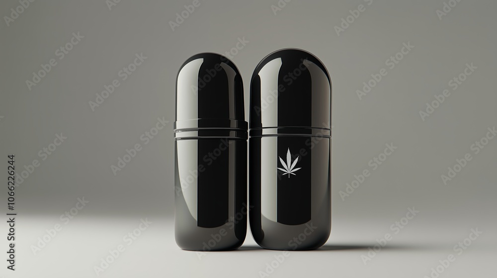 Stylish black cannabis capsules, featuring a sleek design with a prominent leaf engraving, ideal for discreet storage and travel. Stylish black cannabis capsules, featuring a sleek design with a prominent leaf engraving, ideal for discreet storage and travel.