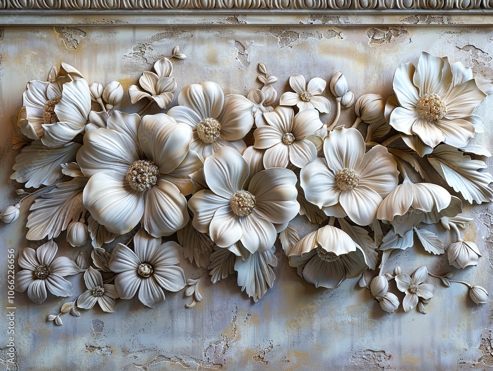 A detailed relief sculpture of various flowers in soft tones, showcasing artistic craftsmanship. A detailed relief sculpture of various flowers in soft tones, showcasing artistic craftsmanship.