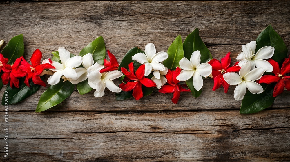 65.A detailed view of a jasmine garland, its fresh white petals and red flowers intricately arranged, set against a rustic wooden background. The simplicity of the wood contrasts beautifully with the 65.A detailed view of a jasmine garland, its fresh white petals and red flowers intricately arranged, set against a rustic wooden background. The simplicity of the wood contrasts beautifully with the