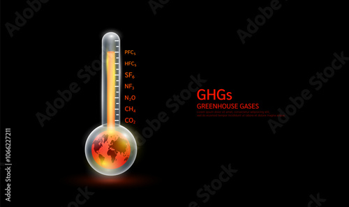 Globe red in thermometer. Greenhouse gases air pollution emissions with industrial, fumes forest fires, agriculture livestock, electronic devices and gas CO2 CH4 N2O SF6 NF3 PFCs HFCs. Vector.