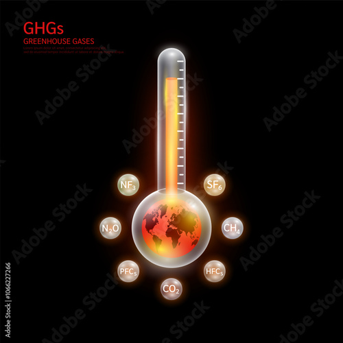Globe red in thermometer Gas CO2 CH4 N2O SF6 NF3 PFCs HFCs surrounding. Greenhouse gases air pollution emissions with industrial, fumes forest fires, agriculture livestock, electronic devices. Vector.