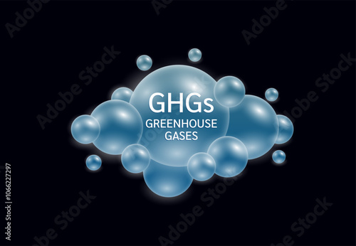 Greenhouse gases in cloud blue on black background. Air pollution emissions with industrial plants, vehicle fumes, forest fires, agriculture and livestock. Production of electronic devices. Vector.
