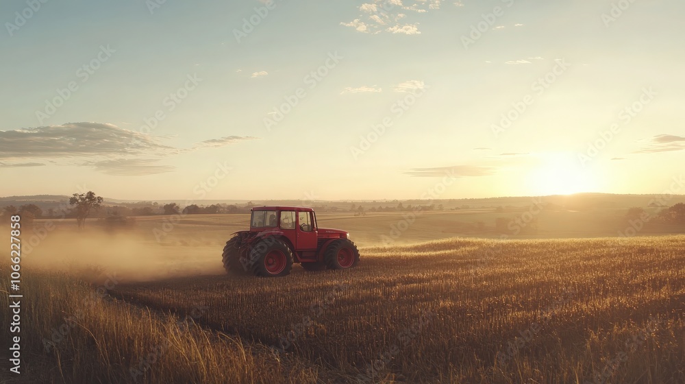Fototapeta premium Tractor Sowing Seeds in Warm Countryside Glow