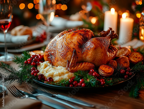 A Festive Holiday Feast Centerpiece
A perfectly roasted golden-brown turkey rests elegantly on a holiday-themed table, surrounded by vibrant garnishes of fresh cranberries, crispy roasted potatoes.