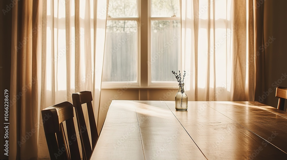 Fototapeta premium Overhead View of a Spacious Solid Wood Dining Table in Soft, Retro Lighting with Beige Curtains, Emphasizing a Nostalgic, Simple, and Elegant Atmosphere for Commercial Photography