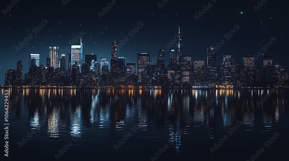 Fototapeta premium Nighttime Cityscape with Skyscrapers Reflected in Water