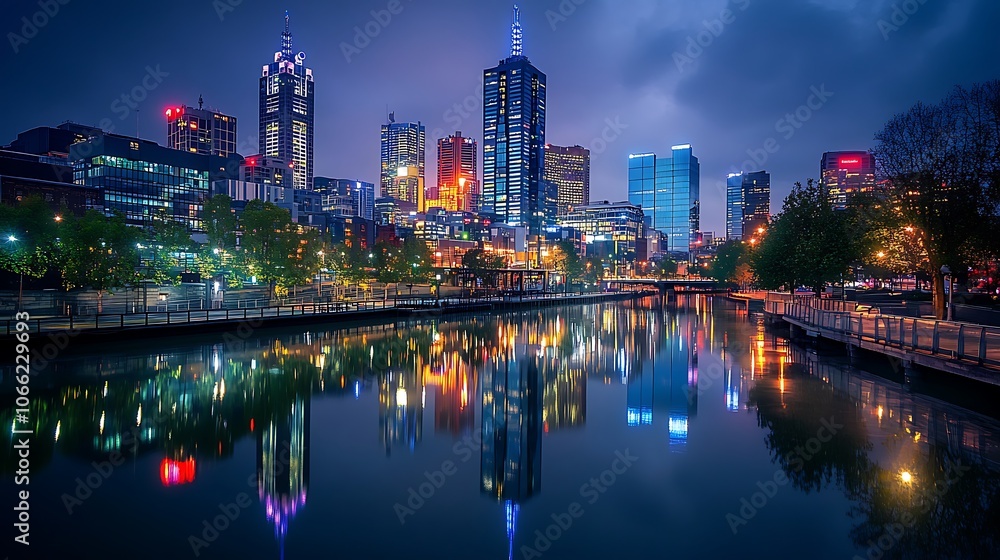 Obraz premium Nighttime cityscape with reflections in a still body of water