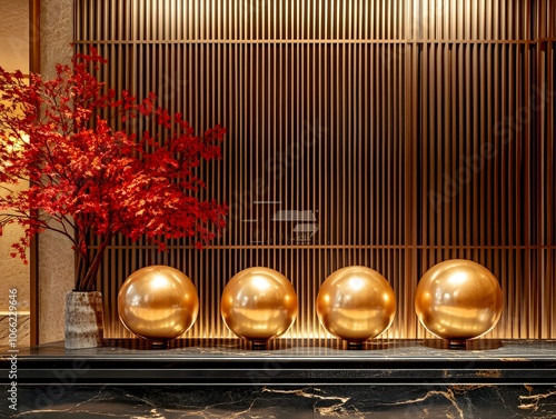 A room decorated with trees and golden balls