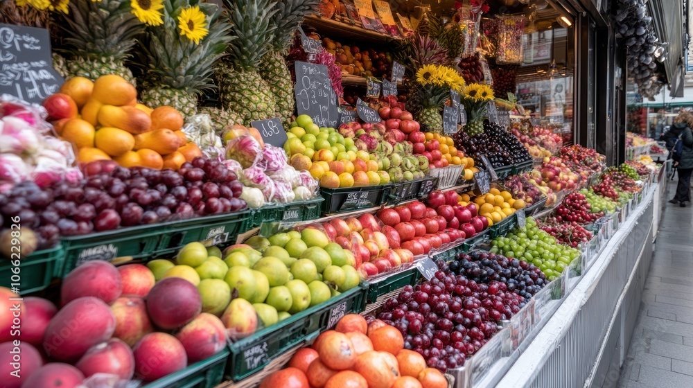 A Vibrant Display of Fresh Fruit in a European Market Stall A Vibrant Display of Fresh Fruit in a European Market Stall