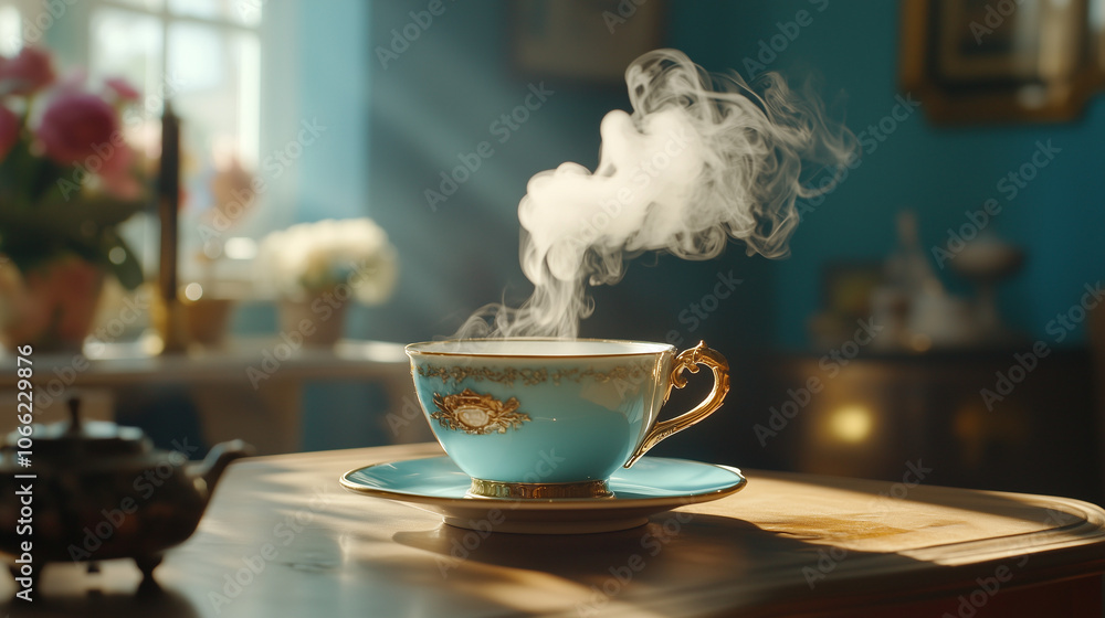 a steaming cup of tea or coffee in the center of the frame with soft smoke rising from it a steaming cup of tea or coffee in the center of the frame with soft smoke rising from it