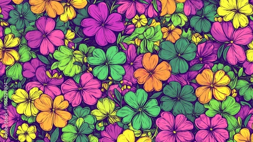 115.A delicate seamless pattern of clover flowers, with hand-drawn petals and leaves in a vibrant, wildflower style. The bright colors and intricate details create a lively and joyful floral