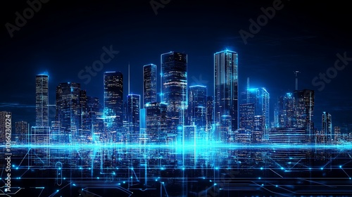 Futuristic Cityscape with Glowing Blue Lines and Circuitry