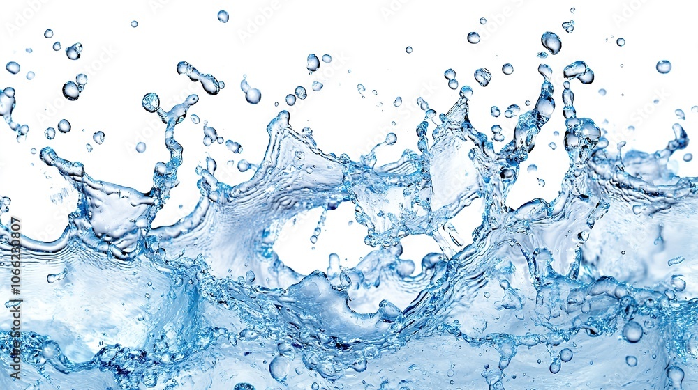 Dynamic Water Splashes with Bubbles and Droplets on White Background, Conveying Fluidity, Freshness, and Vibrant Energy Dynamic Water Splashes with Bubbles and Droplets on White Background, Conveying Fluidity, Freshness, and Vibrant Energy