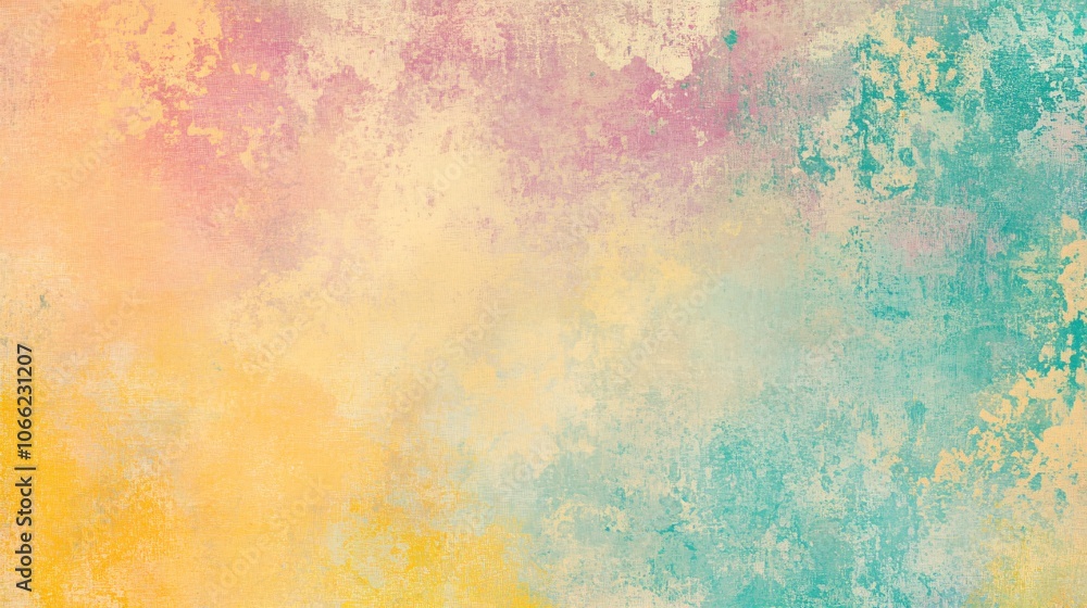 Obraz premium 31.A lively abstract gradient featuring a bold mix of citrusy lime, vivid yellow, bright coral, and pastel peach transitioning into soft lilac, teal, and beige. The rough grain texture gives the