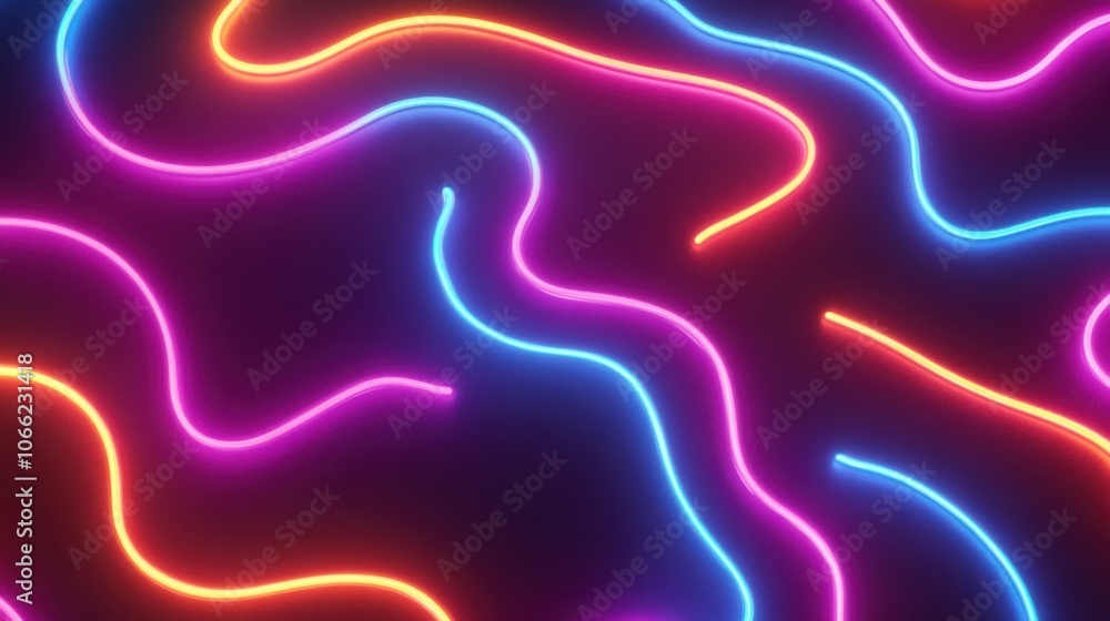 Colorful neon strands swirl and intertwine, creating a mesmerizing display of light and movement against a dark background, captivating the viewer with their radiant glow. Colorful neon strands swirl and intertwine, creating a mesmerizing display of light and movement against a dark background, captivating the viewer with their radiant glow.