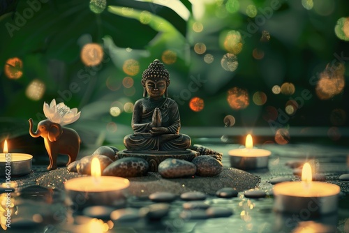 Desk zen sandbox with Buddha  stones  elephant figurines  candles. photo