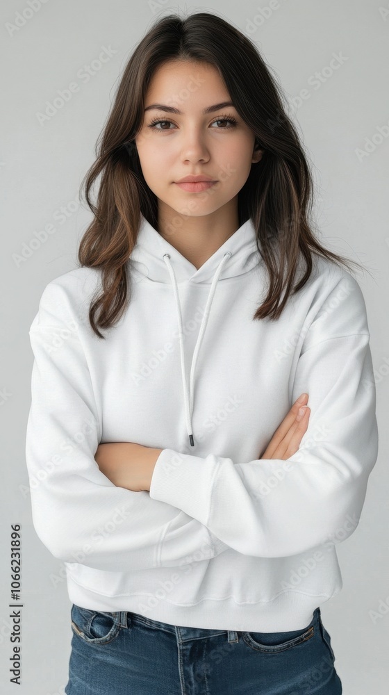 A confident young Hispanic woman stands with arms crossed, highlighting a modern hoodie mockup A confident young Hispanic woman stands with arms crossed, highlighting a modern hoodie mockup