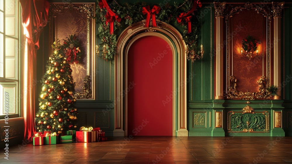 Elegant Christmas-Themed Background Featuring a Baroque Room Decorated in Traditional Red and Green, With Realistic Details and Warm, Festive Ambiance – Perfect Backdrop Mockup for Holiday-Themed Desi Elegant Christmas-Themed Background Featuring a Baroque Room Decorated in Traditional Red and Green, With Realistic Details and Warm, Festive Ambiance – Perfect Backdrop Mockup for Holiday-Themed Desi