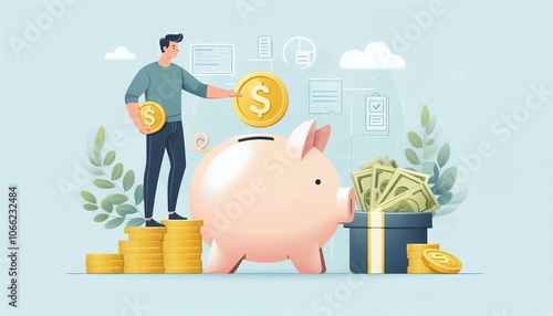 Man putting golden money coin into piggy bank with stack of coins