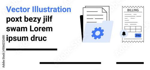 Documents, settings gear, and billing receipt with a pay button. Ideal for finance, office, business, accounting, budgeting, invoicing, data management Landing page