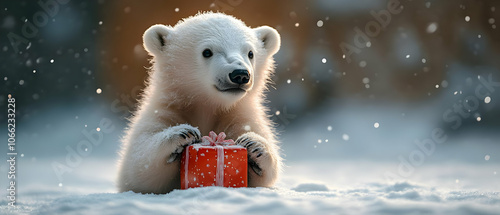 A cute polar bear cub sitting in the snow, holding a colorful gift, surrounded by falling snowflakes. photo