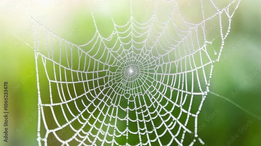 Delicate Spider Web with Dew Drops in Nature