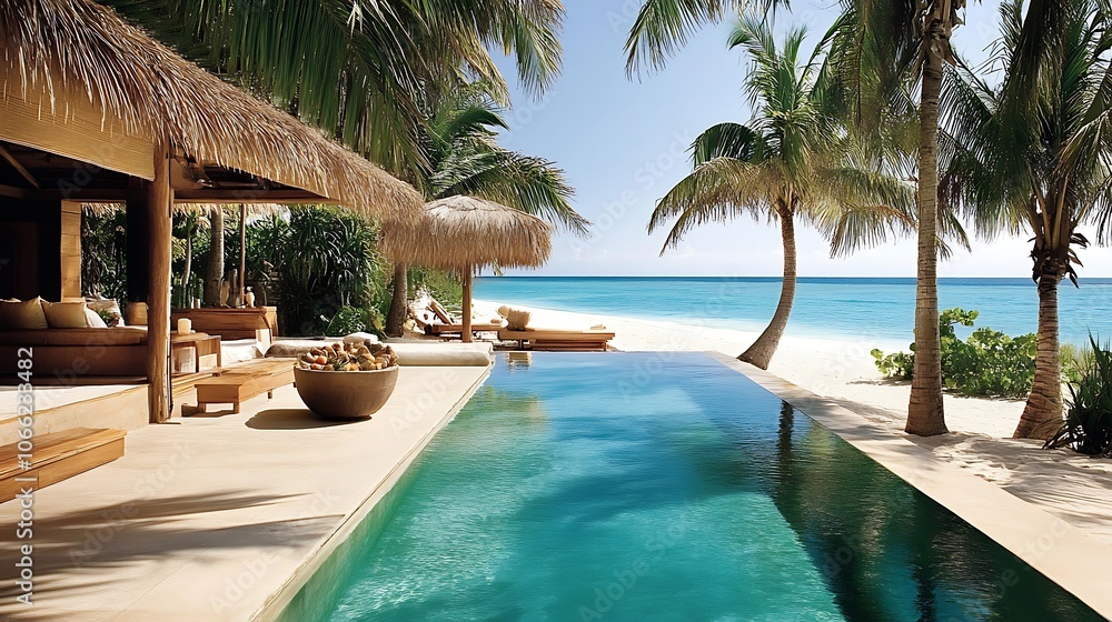 Fototapeta premium Tropical Beach Villa with Infinity Pool and Ocean View