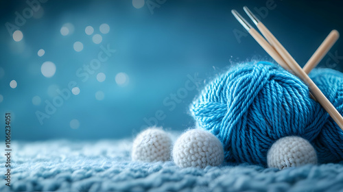 Blue yarn with knitting needles and soft balls, set against a blurred background, creating a cozy crafting atmosphere. photo