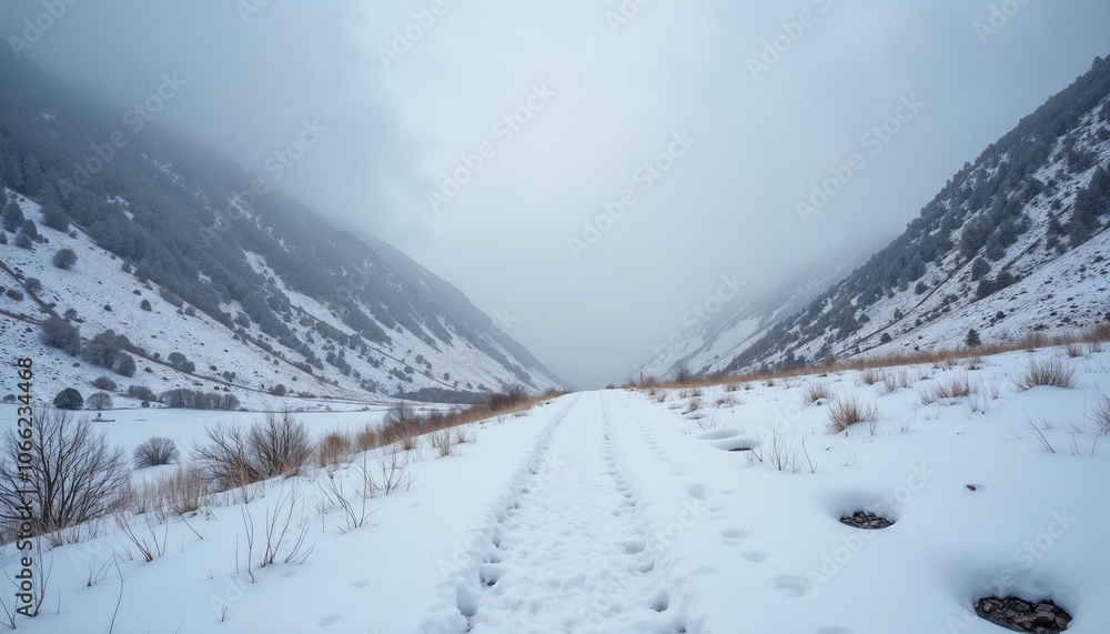 Obraz premium Snowy mountain valley path leading through foggy landscape in winter season 