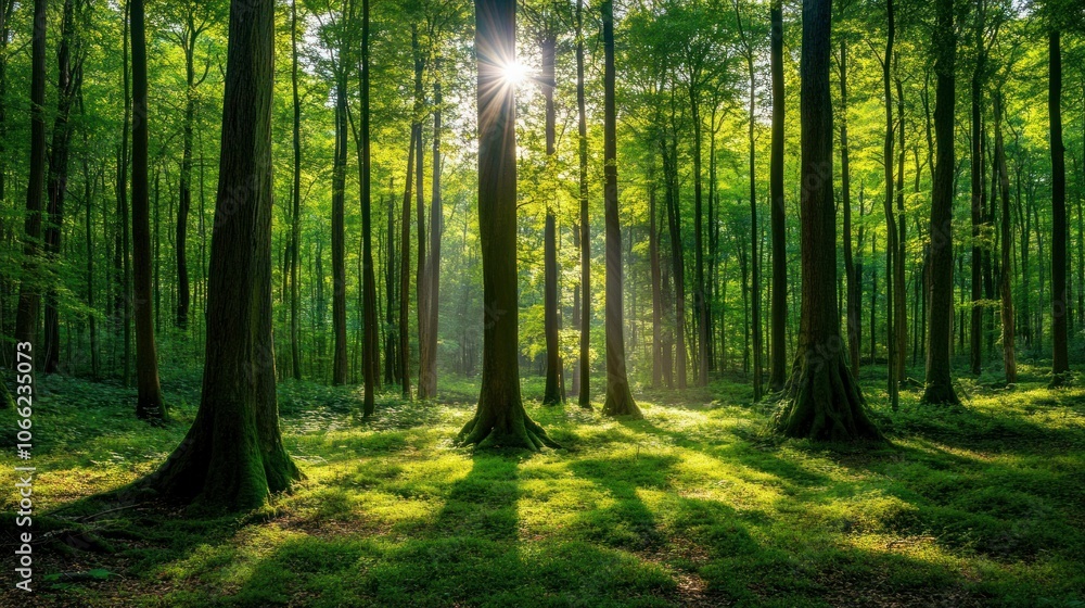 Peaceful forest landscape with dense trees and sunlight filtering through the canopy. Peaceful forest landscape with dense trees and sunlight filtering through the canopy.