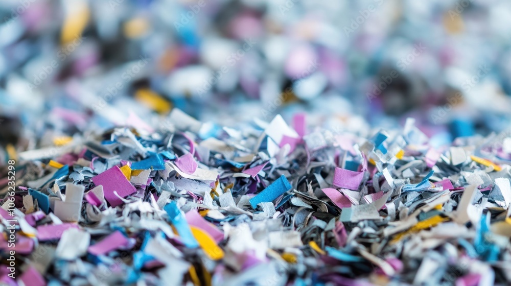 Fototapeta premium Pile of shredded paper strips in various colors. Concept of recycling, document destruction