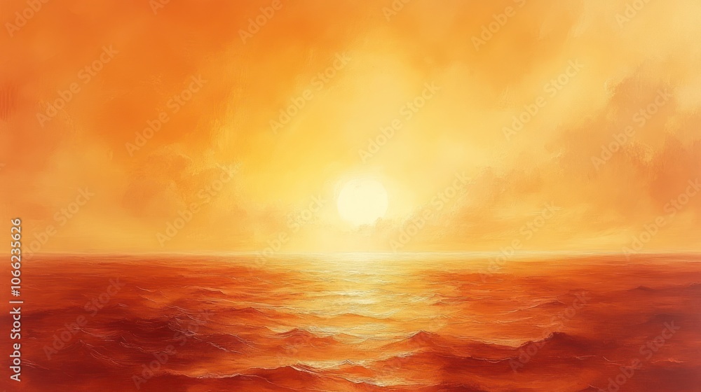 Obraz premium A fiery orange sunset over a calm sea.