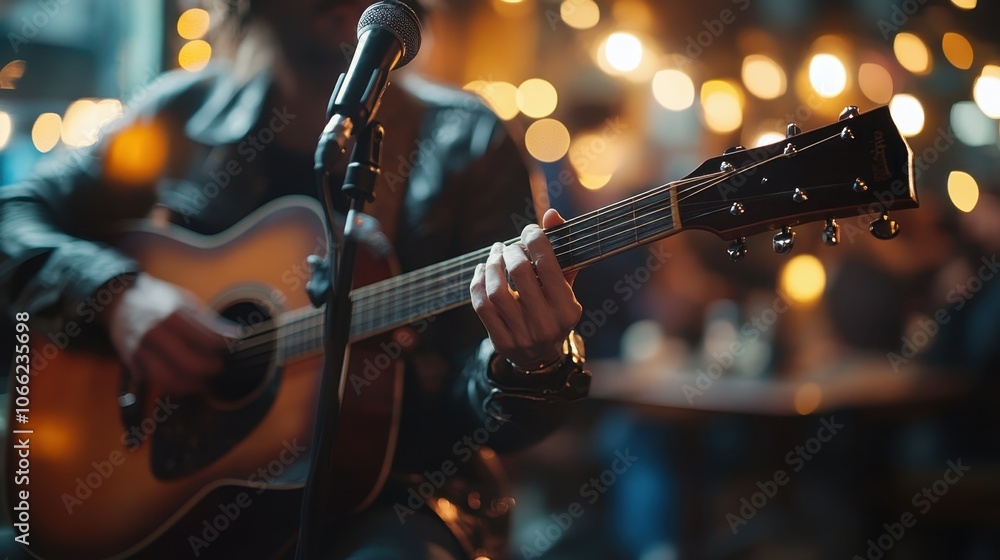 Obraz premium Musician playing an acoustic guitar in a cozy bar or cafe with a microphone positioned near him.