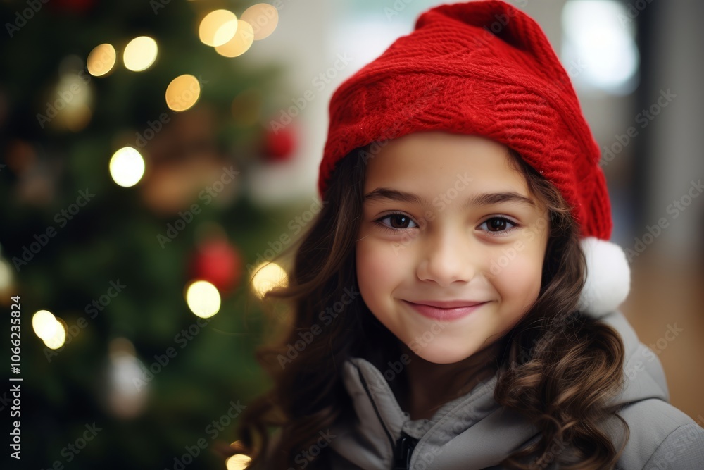 Portrait of a cute little girl in a red hat on the background of a Christmas tree Portrait of a cute little girl in a red hat on the background of a Christmas tree