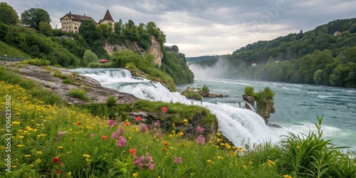 Serene rhine falls cascading down rocky cliffs surrounded by lush greenery and vibrant wildflowers in the heart of swiss alps, europe, rocks, wildflowers photo