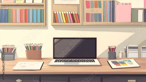 A clean and organized workspace with a laptop, pencils, and design books.