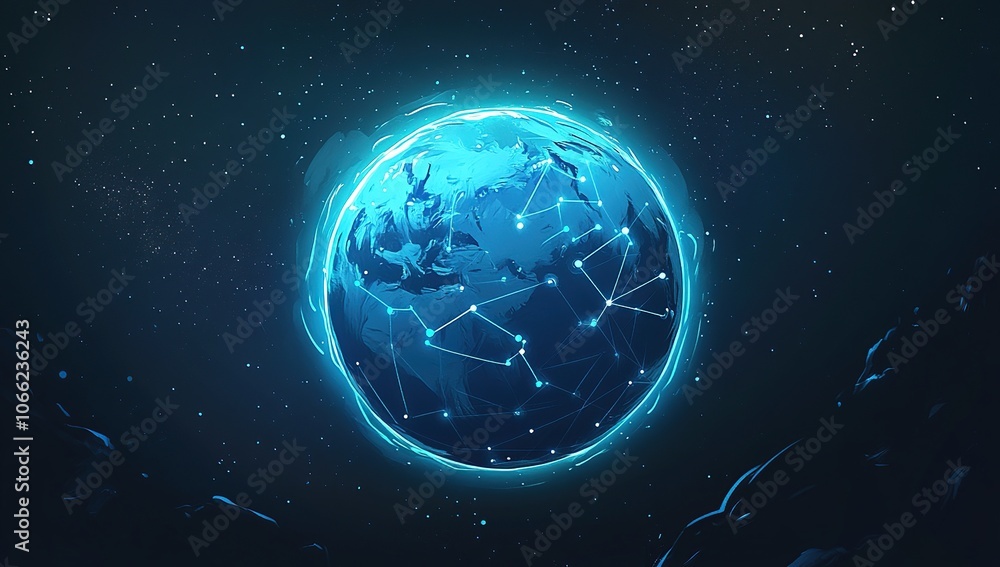 Fototapeta premium A glowing blue digital globe with a network of connected dots against a dark space background.