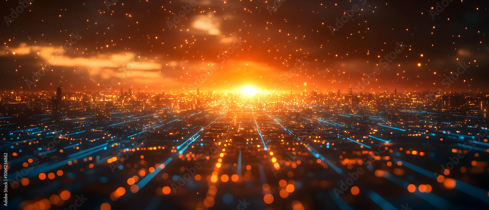 Obraz premium Futuristic cityscape with vibrant lights and a dramatic sunset, showcasing a blend of technology and nature.