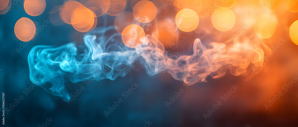 Obraz premium Abstract smoke trails with a blend of blue and orange tones against a soft bokeh background.