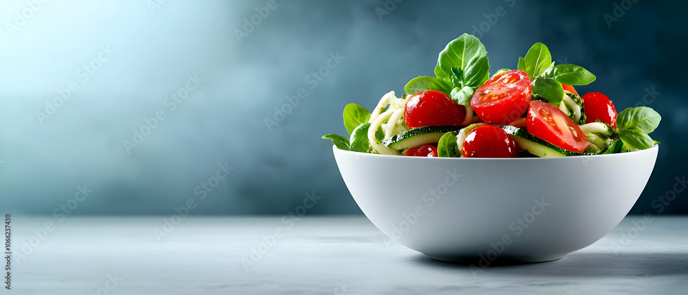 Fresh salad with cherry tomatoes and greens in a white bowl, smoke background, healthy meal concept.